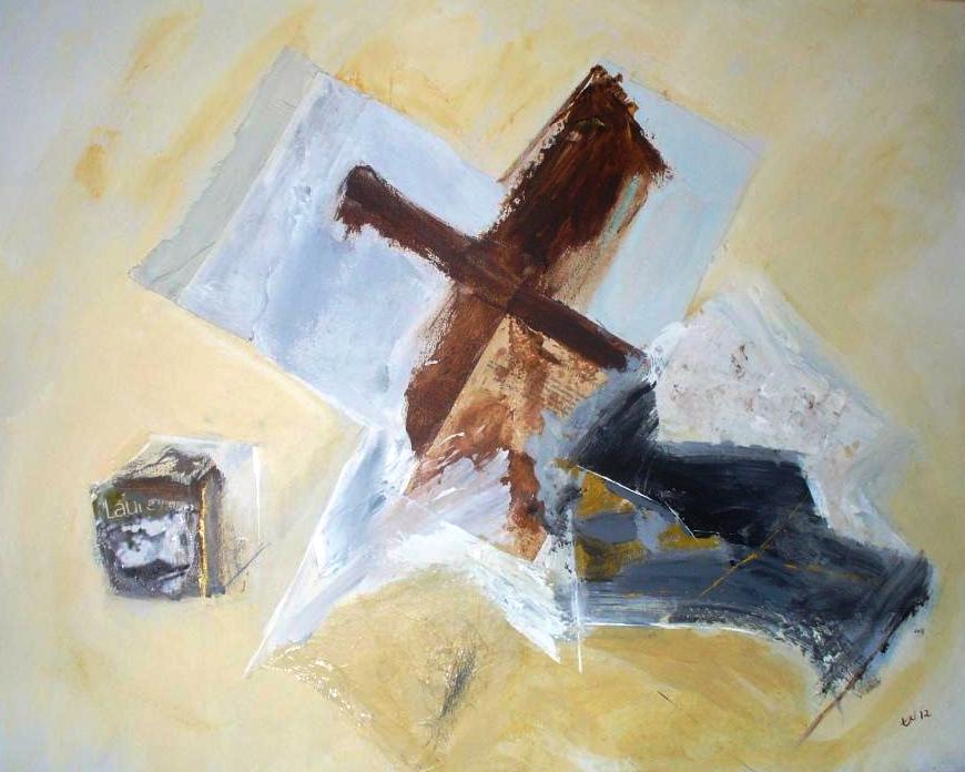 I consider this very bare painting as the preparation for Overflows: importance of collages for an effect in the sobriety, cruciform theme which is predominant at that period, importance of brown and sand tones on bluish background. Reminiscence of a text by Mallarmé, this painting doesn’t finish with its appearance.